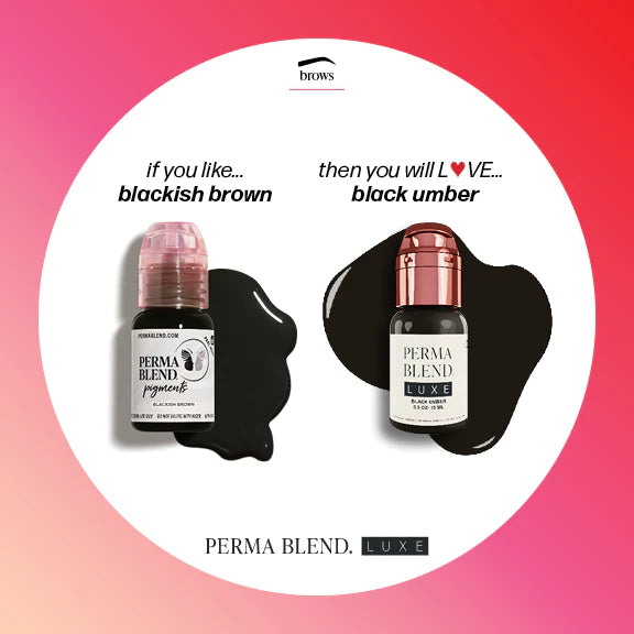 Black Umber eyebrow tattoo pigment by Perma Blend, Permanent makeup pigment, Perma Blend Luxe Pigment comparison with Blackish Brown