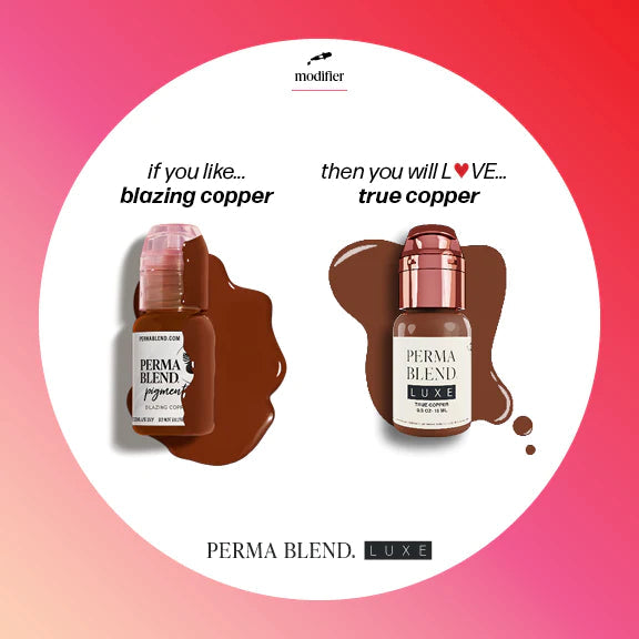 True Copper eyebrow tattoo pigment by Perma Blend, Permanent makeup pigment, Perma Blend Luxe Pigment compared to Blazing Copper