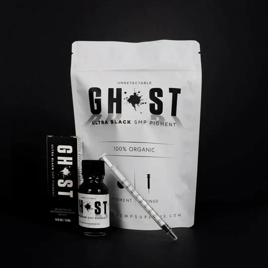 Ghost Ultra Black SMP Pigment, Pigment for Scalp Micropigmentation, SMP Pigments, PMU Pigments front view of packaging, pigment bottle, and syringe